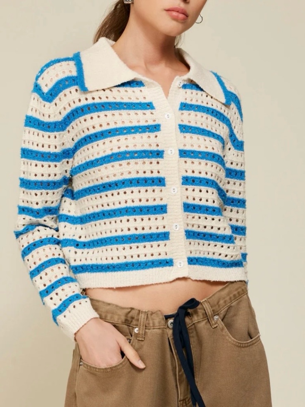 Line & Dot Merra Cropped Blue & Cream Striped Knit Cardigan Sweater /Top